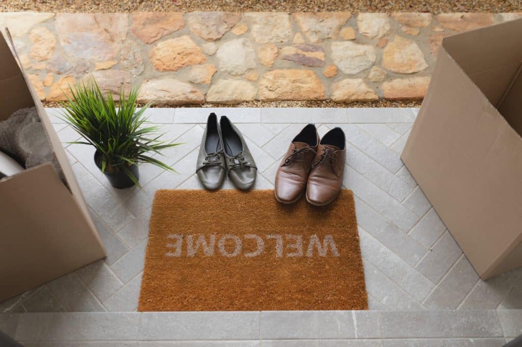 Low section of footwear, cardboard boxes and plant near welcome doormat at home